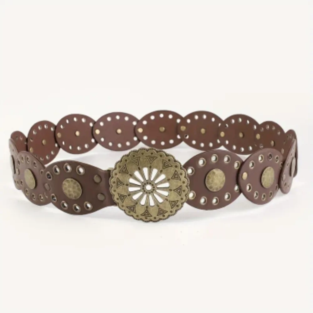 Brown Belt Western Style Studded Medallion Retro Style Buckle Boho Belts